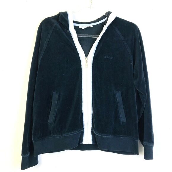 Izod Movement Hoodie Jacket Womens Medium Black Velour Casual Zip Front Classic - Picture 7 of 7